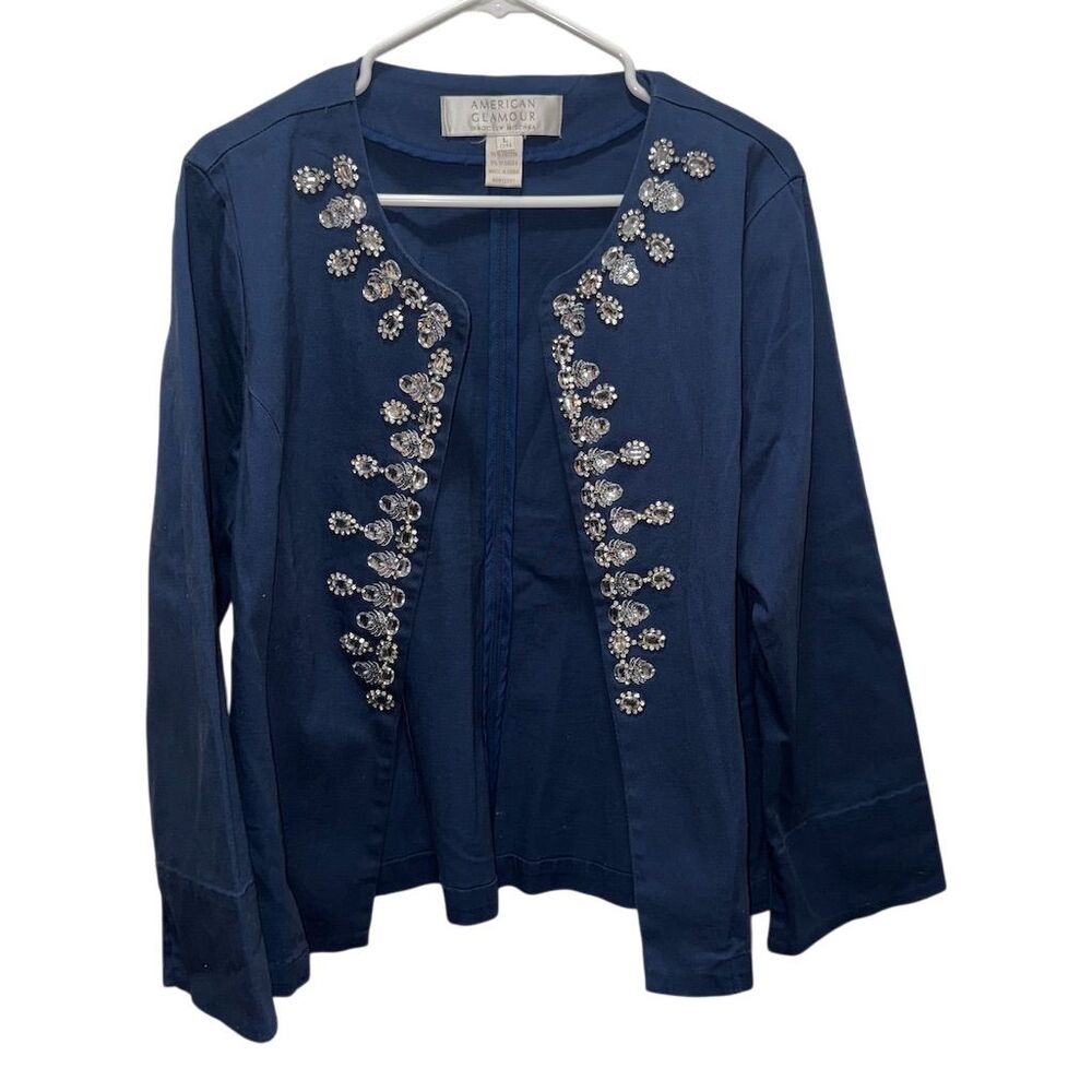 Badgley Mischka Women's M Navy Jeweled Embellished Open Front Jacket‎
